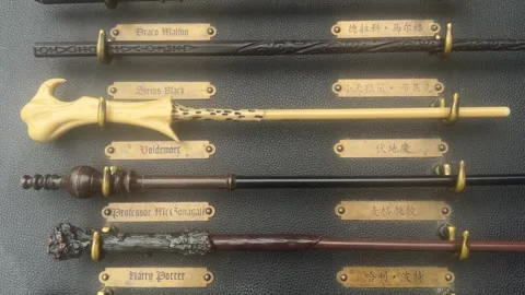 Hogwarts school from Harry Potter. Collection of magic wands. Stock Footage 338342927
