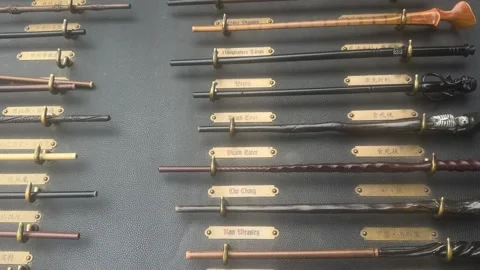 Hogwarts school from Harry Potter. Collection of magic wands. Stock Footage 338343511