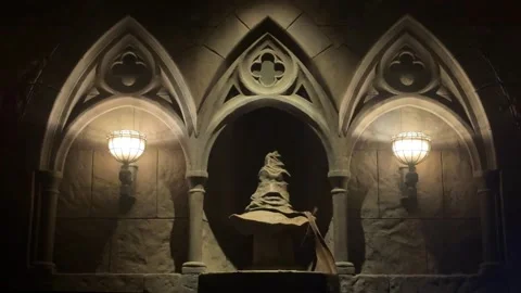 Hogwarts school from Harry Potter. Old magic sorting wizard hat Stock Footage 338343560