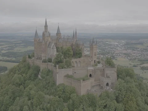 Hohenzollern Castle, Germany on a Cloudy Day, Aerial 9 Stock Footage