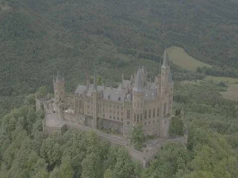 Hohenzollern Castle, Germany on a Cloudy Day, Aerial 12 Stock Footage