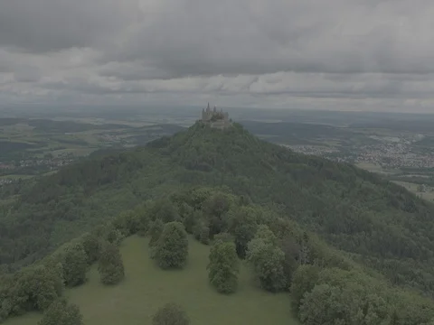 Hohenzollern Castle, Germany on a Cloudy Day, Aerial 26 Stock Footage