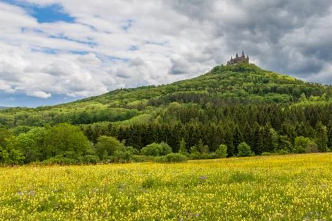 Hohenzollern Castle overlooking from top of a mountain Stock Photos
