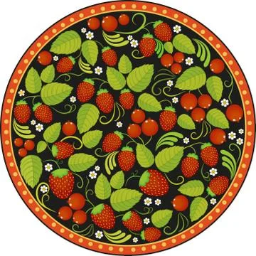 Hohloma round pattern on a black background Stock Illustration