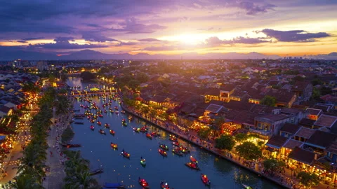 Hoi An ancient town by Thu Bon River in Vietnam at night. Stock Footage 252131258