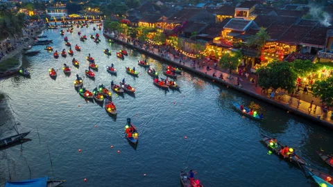 Hoi An ancient town by Thu Bon River in Vietnam at night. 스톡 동영상 252188555