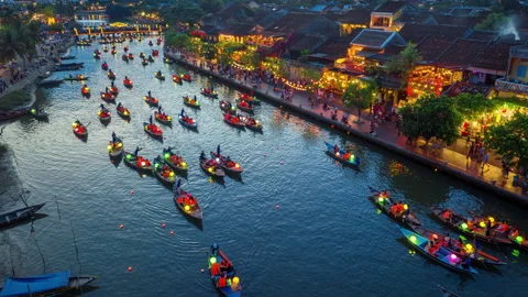 Hoi An ancient town by Thu Bon River in Vietnam at night. Stock Footage 252188560