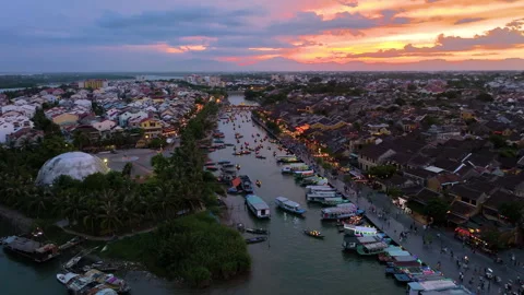Hoi An ancient town by Thu Bon River in Vietnam at night. Stock Footage 252370053