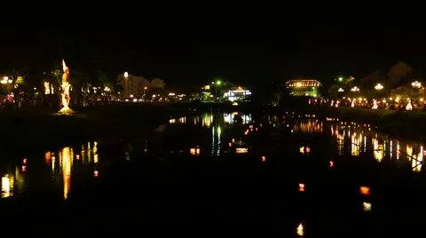 Hoi An - Night river view with floating lanterns and boats. Time lapse Stock Footage 51964709