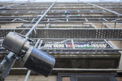 Hoist installed on scaffolding structure Stock Photos