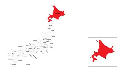 Hokkaido prefecture map vector illustration with red highlighted region on the Stock Illustration
