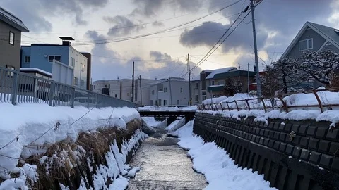 Hokkaido Winter Time Lapse River in City Stock Footage 125923637