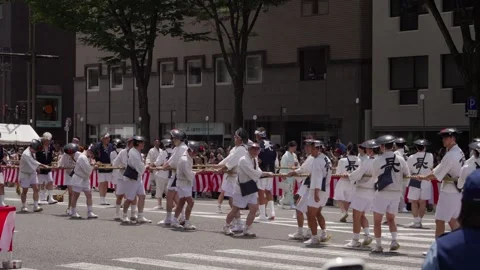 Hoko Float Pullers Work Together at Gion Matsuri Festival in Kyoto Japan Stock Footage 346788308