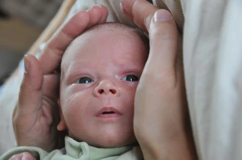 Hold a baby's head between both hands Stock Photos