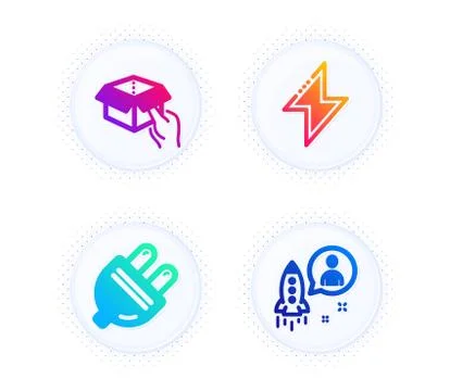 Hold box, Electric plug and Energy icons set. Startup sign. Delivery parcel Stock Illustration
