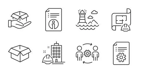 Hold box, Engineering team and Lighthouse icons set. Vector Stock Illustration
