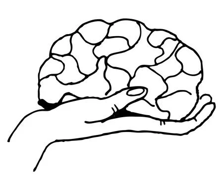 Hold the brain in hand black and white graphics, developmental psychology, .. Stock Illustration