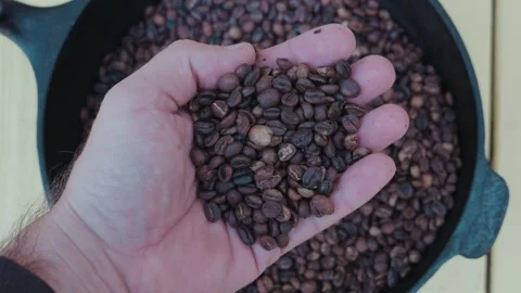 Hold fresh roasted coffee beans over pot Stock Footage 297926682
