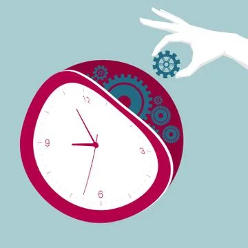 Hold the gear in the clock. Isolated on blue background. Stock Illustration