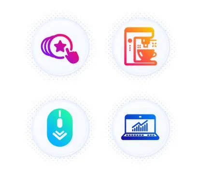 Hold heart, Scroll down and Coffee maker icons set. Online statistics sign Stock Illustration