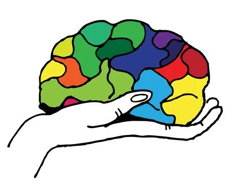 Hold multi-colored brain in hand, drawing on a white background, creativity.. Illustrazione stock