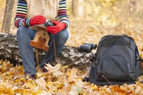 To hold the old camera in hand Stock Photos