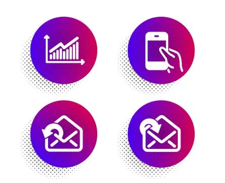 Hold smartphone, Graph and Send mail icons set. Receive mail sign. Vector Stock Illustration