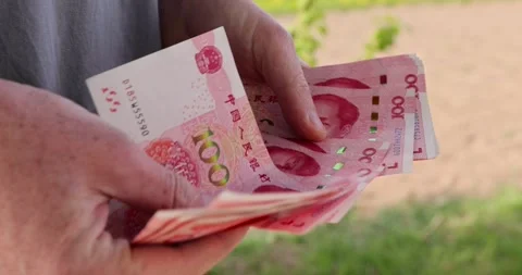 Hold a stack of red yuan in hand, holding a large amount of money in the hands Stock Footage 315541073