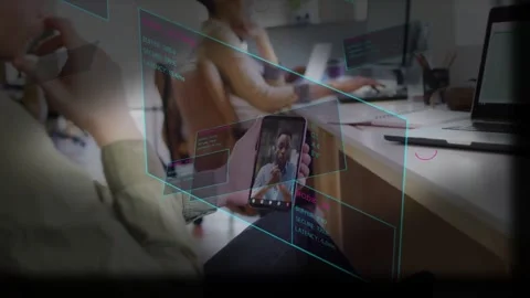 Holder adjusting phone while call appearing and AR panels forming cyan data grid Stock Footage 334185212