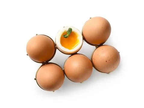 Holder with soft boiled eggs and micro green on white background Stock Photos