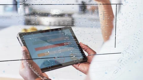 Holder tilting tablet, pointer tapping red bar and sliding, updating data Stock Footage 337913076