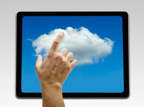 Holding and pointing to Cloud screen 스톡 사진