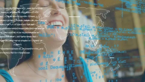 Holding animation of digital world map, smiling woman engaging with code overlay Stock Footage 328252000
