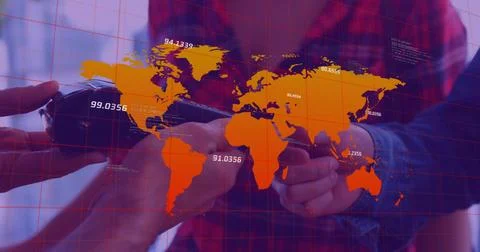 Holding black controller, techs demoing AR at lab, orange map, red grid, data Stock Photos