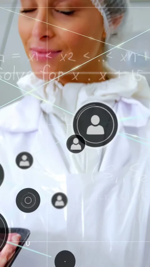 Holding black raw meat tray, worker in white suit hairnet in plant smiling amid Stock Footage 331168876