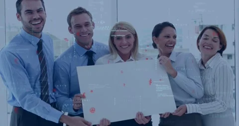 Holding blank placard, team of five in suits adjusting, laughing at office Stock Footage 331169440