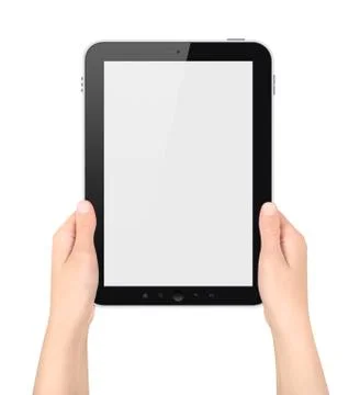 Holding blank tablet pc in hands Stock Photos