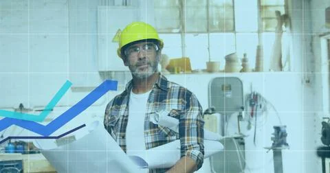 Holding blueprints, engineer analyzing financial growth charts in workshop Stockillustratie