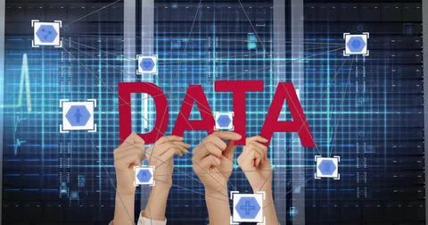 Holding up bold red DATA letters, hands in suits supporting data center, grid Stock Photos