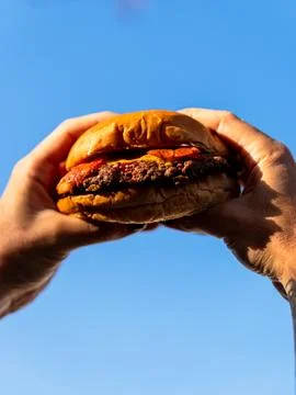 Holding burger to the sky Stock Photos