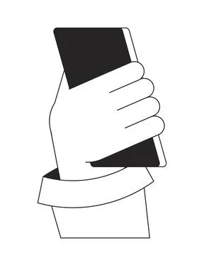 Holding cellphone back view bw vector spot illustration Illustrazione stock