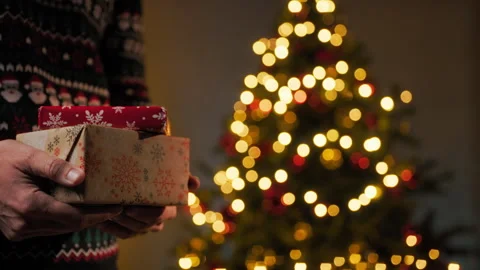 Holding Christmas gift package under tree Stock Footage 294684861