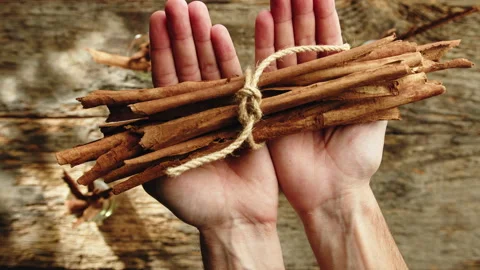 Holding Cinnamon Sticks. Top View Stock Footage 239432239