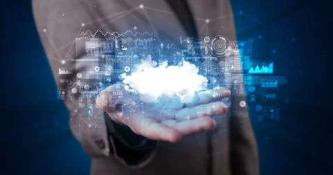 Holding cloud system hologram screen Stock Photos
