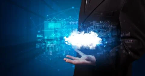 Holding cloud system hologram screen Stock Photos