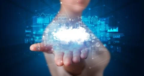 Holding cloud system hologram screen Stock Photos