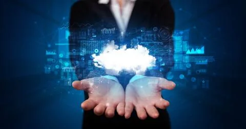 Holding cloud system hologram screen Stock Photos