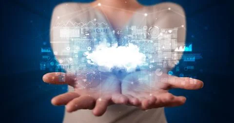 Holding cloud system hologram screen Stock Photos