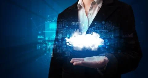 Holding cloud system hologram screen Stock Photos