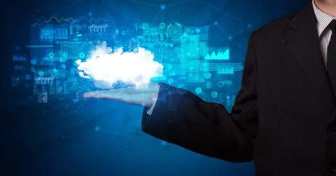 Holding cloud system hologram screen Stock Photos